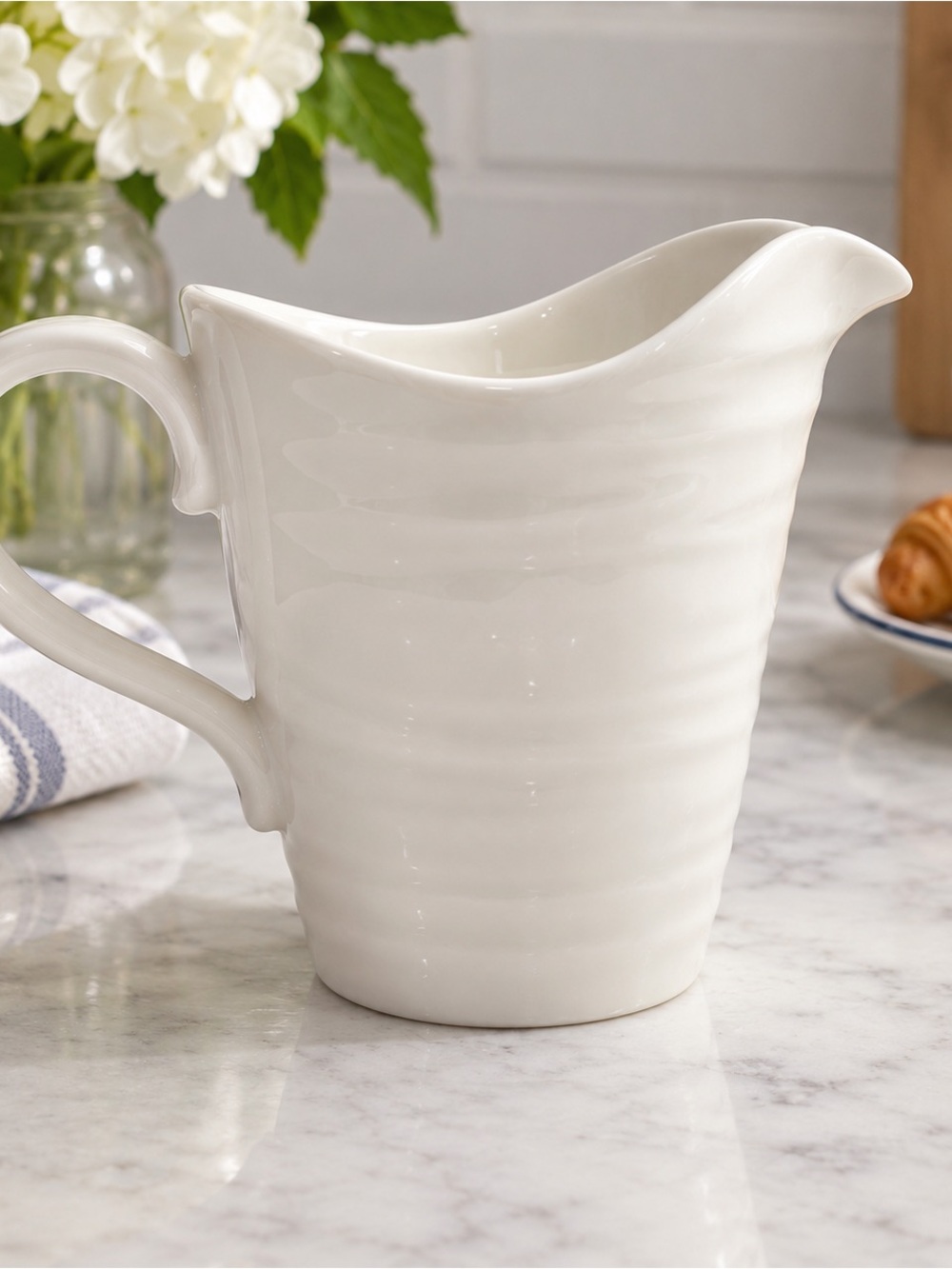 Portmeirion White Ceramic Pitcher with Subtle Ribbing 15 oz